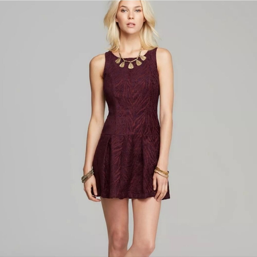 Free People Chenille Zebra Print Drop Waist Pleated Mini Dress in Mulberry 6 - Picture 2 of 12